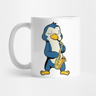 Cartoon penguin playing saxophone Mug